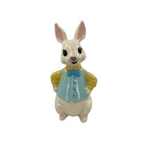 Vintage Ceramic Bunny Figurine With Blue Vest & Yellow Shirt 9" Tall